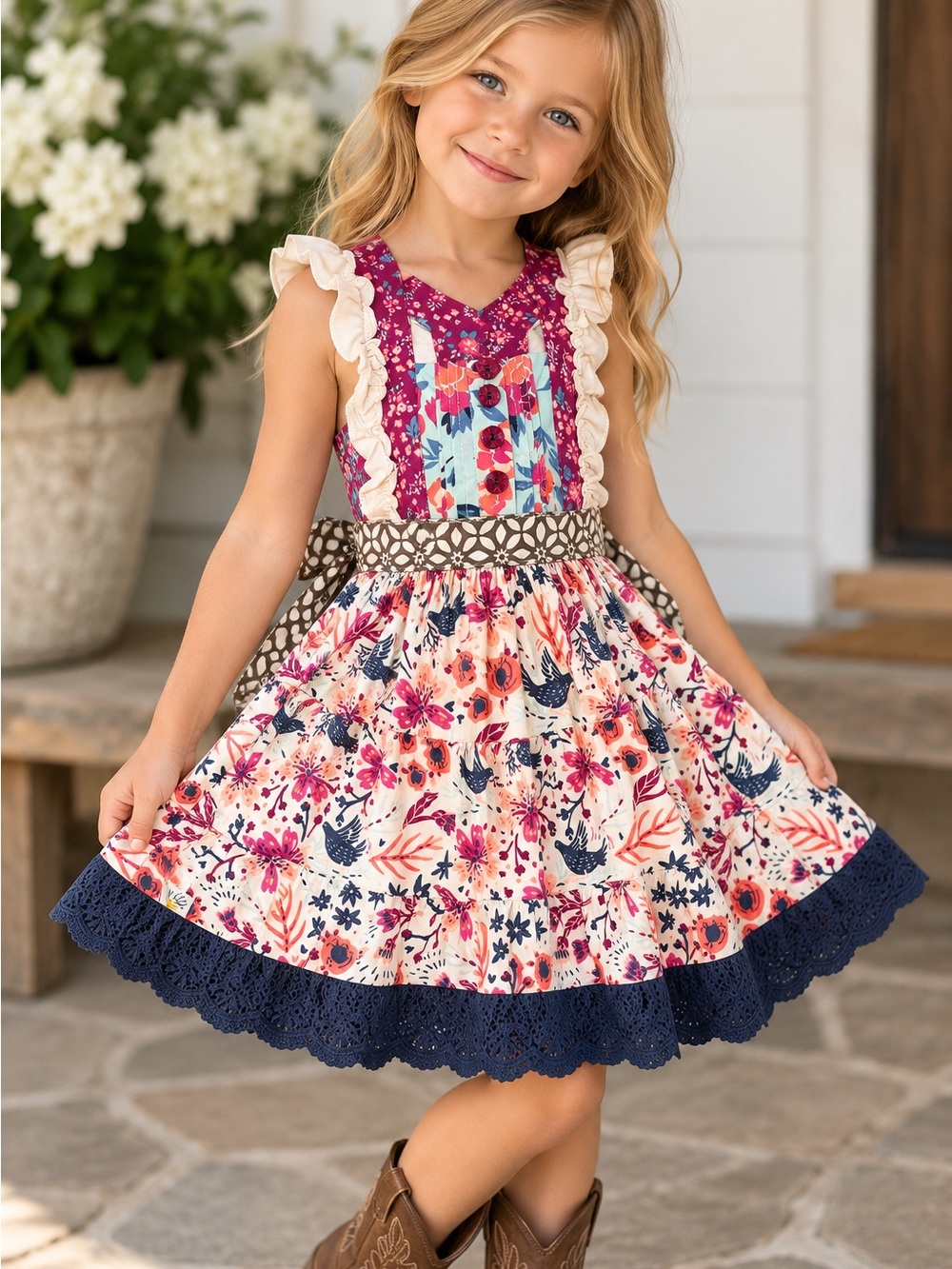Wildflowers Girls Floral Apron Dress Size 4 Ruffle Lace Bird Print Boutique
